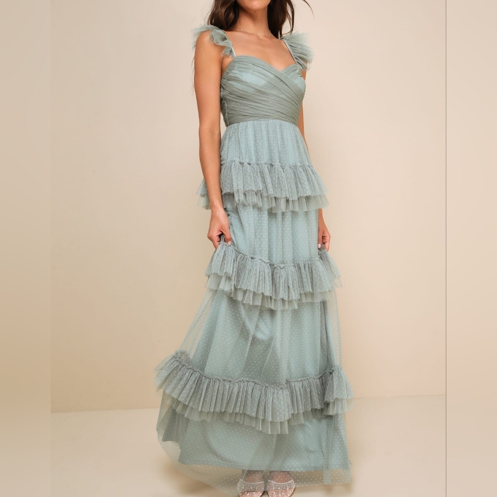 Lulus Pure Radiance Sage Brush Mesh Swiss Dot Tiered Maxi Dress sz XS